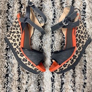 Guess Leopard Print Wedge Sandals with Black and Orange Accents